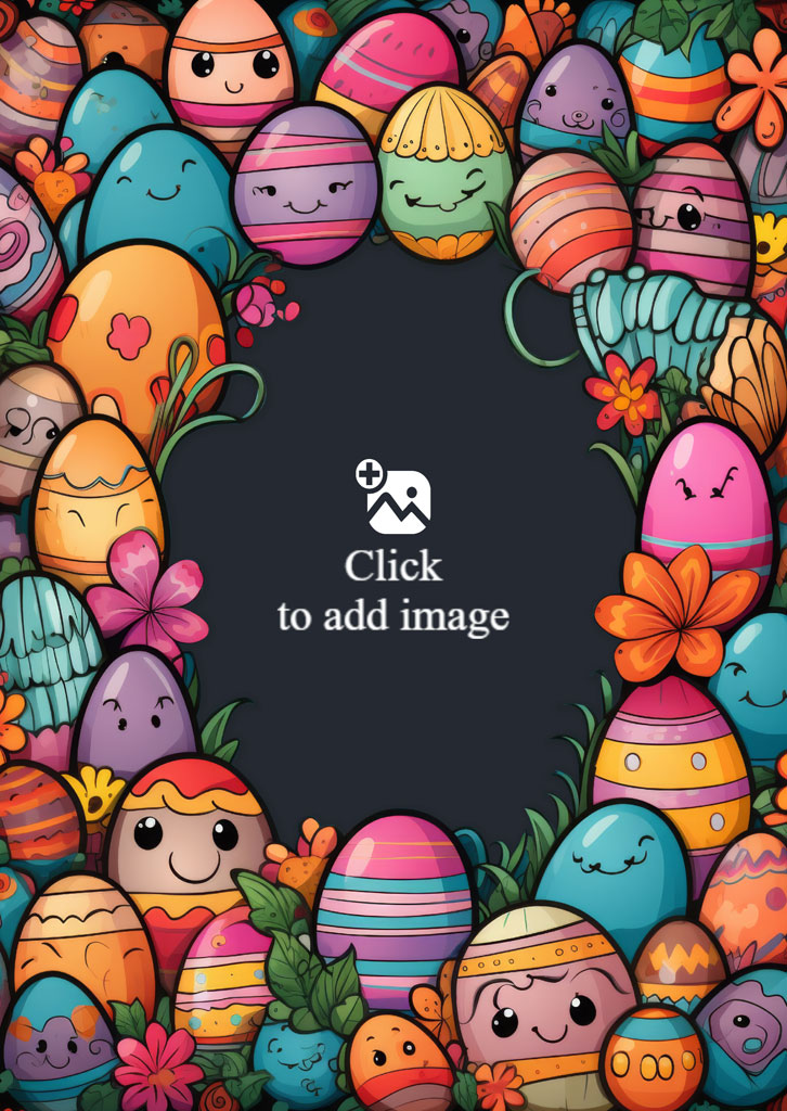 A frame made of colorful Easter eggs and flowers on a black background.