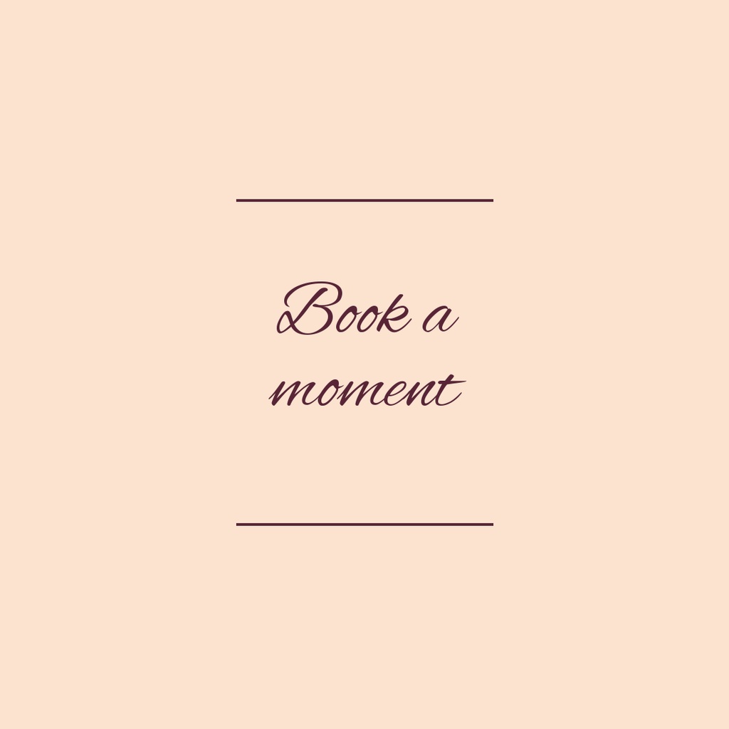 Soft apricot square design with the words Book a moment between two thin lines.