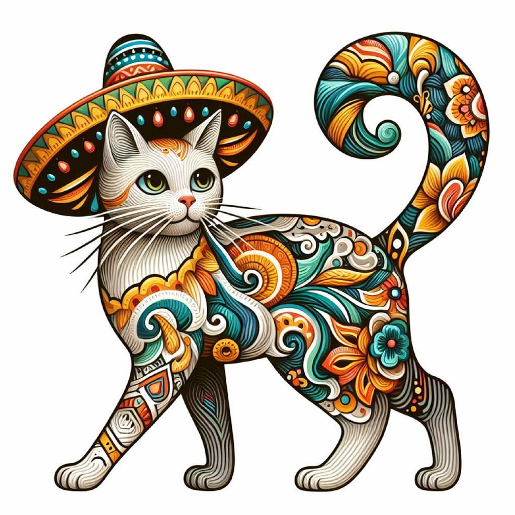 Colorful cat with sugar skull design and flowers