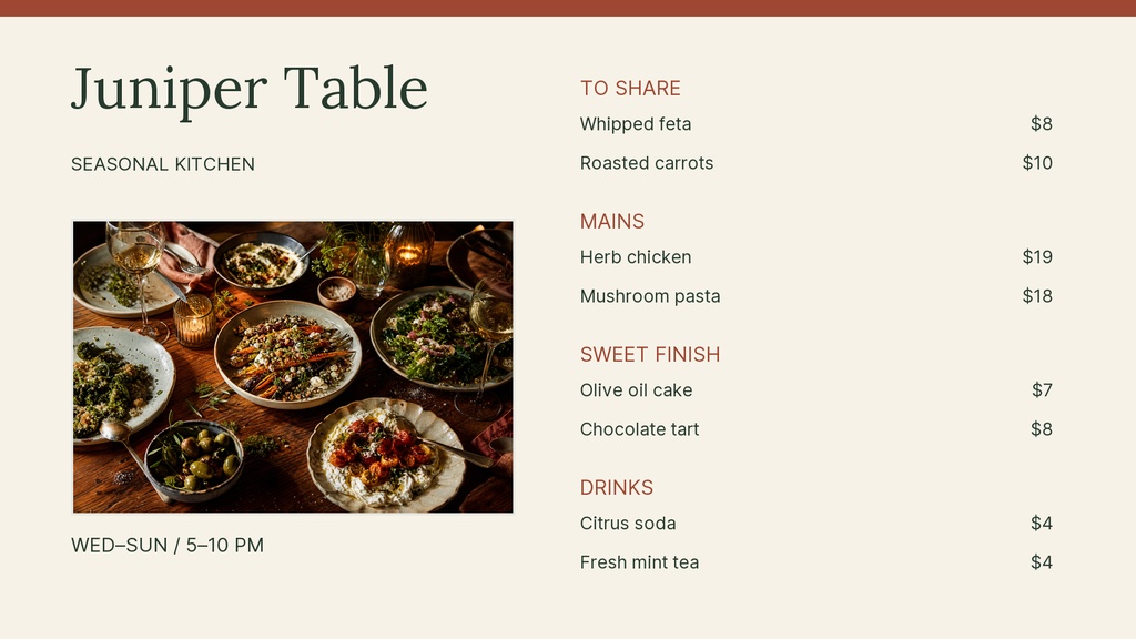 Preview for Juniper Table Digital Menu Board Template