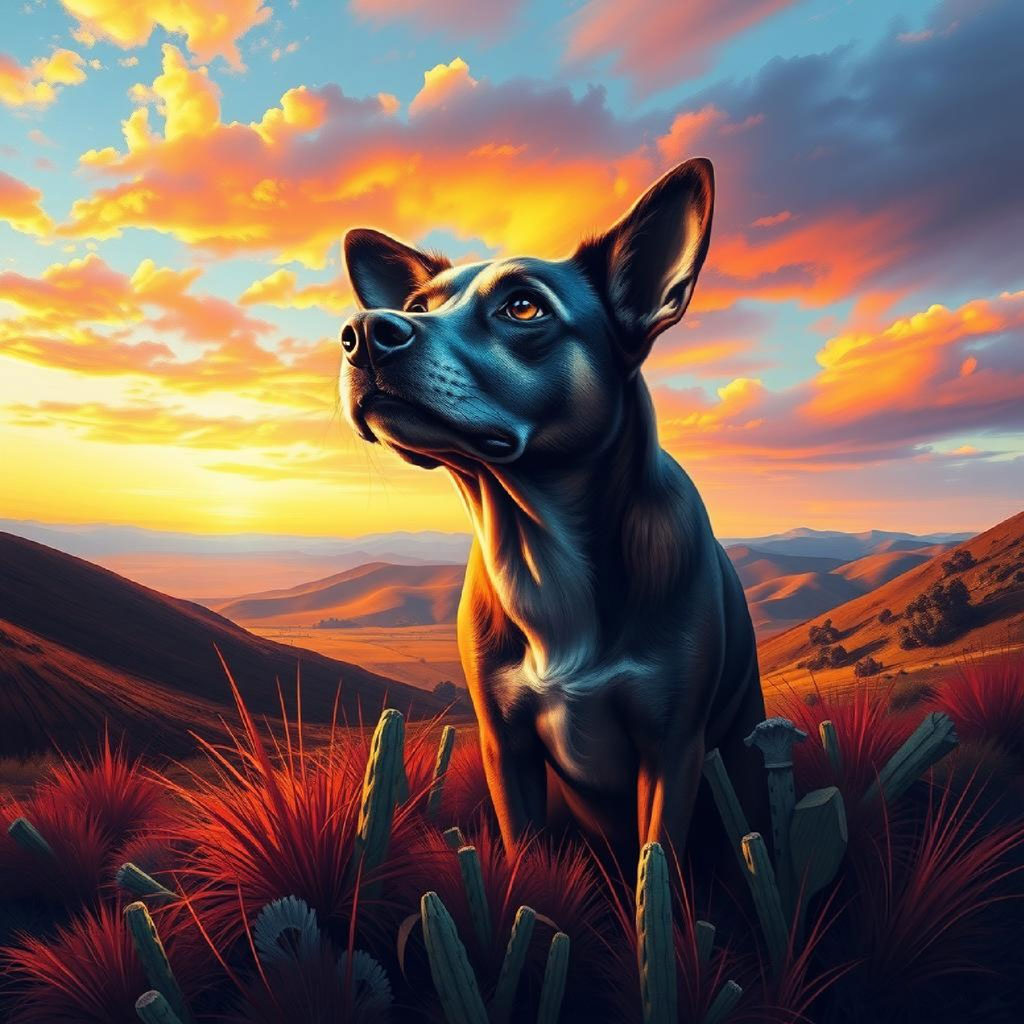 Vibrant desert landscape with rolling hills and mountains under a colorful sunset sky