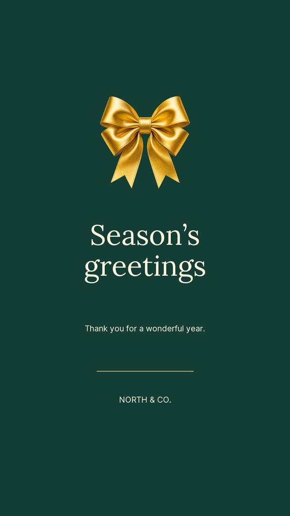 Gold ribbon on a dark green vertical season's greetings card with centered text.