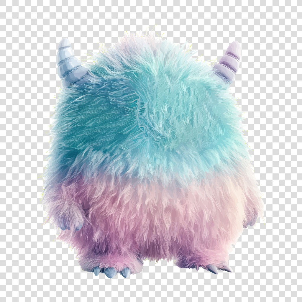 A fluffy, pastel-colored monster plush toy with two horns.