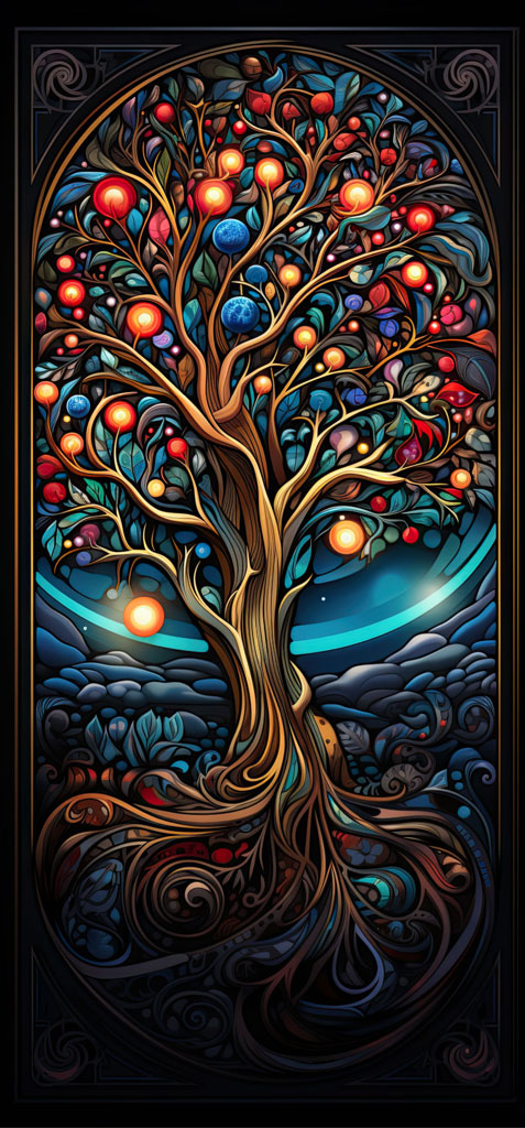 Stained glass artwork of a tree with colorful fruits and leaves