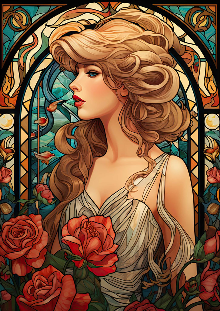 Stained glass illustration of a woman with long blonde hair and a white dress, surrounded by red roses.