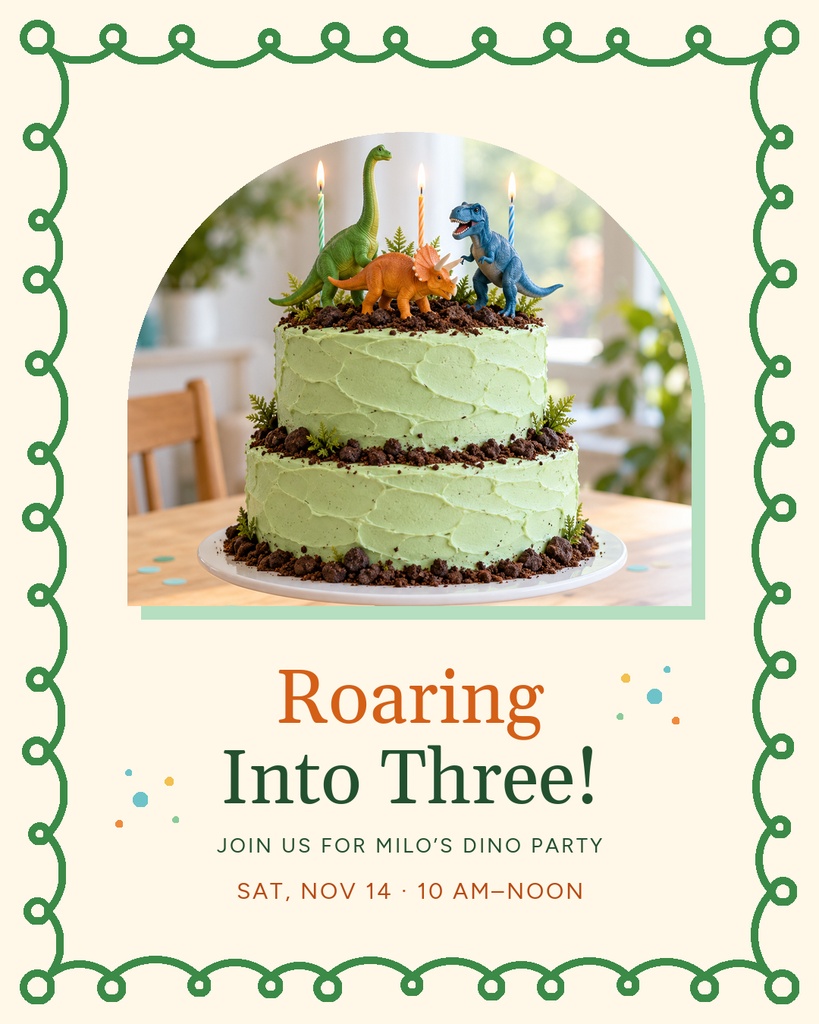 Dinosaur birthday cake with toy dinosaurs on a portrait invitation template.