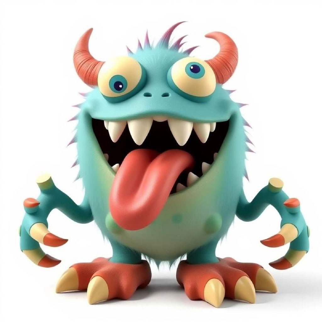 A 3D cartoon monster with teal fur, red horns, and a large tongue.