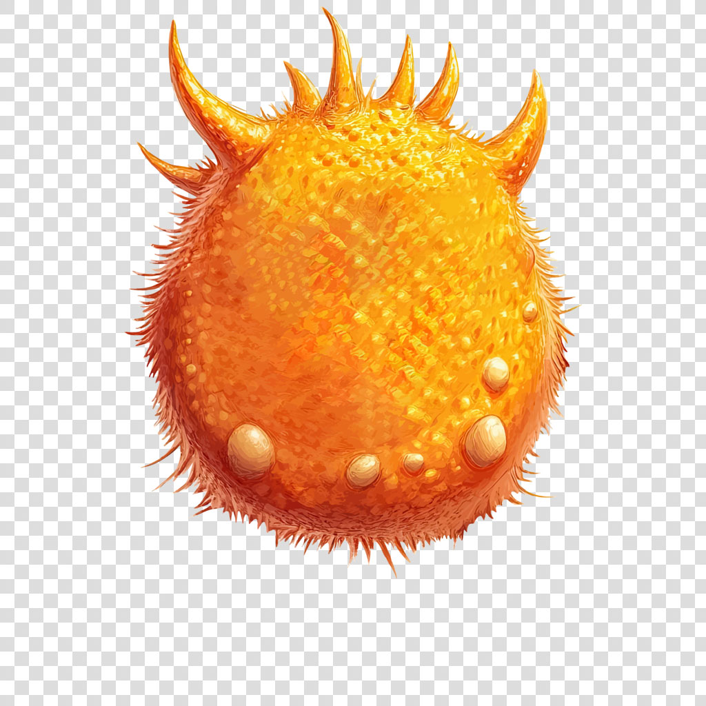 An orange spiky ball with a textured surface and white background