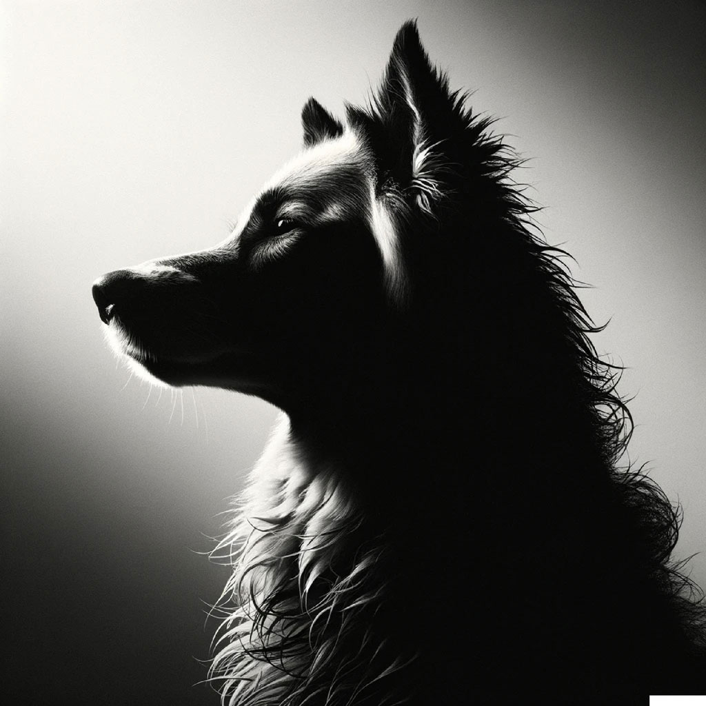 A black and white image of a dog's head and neck, lit with dramatic shadows.