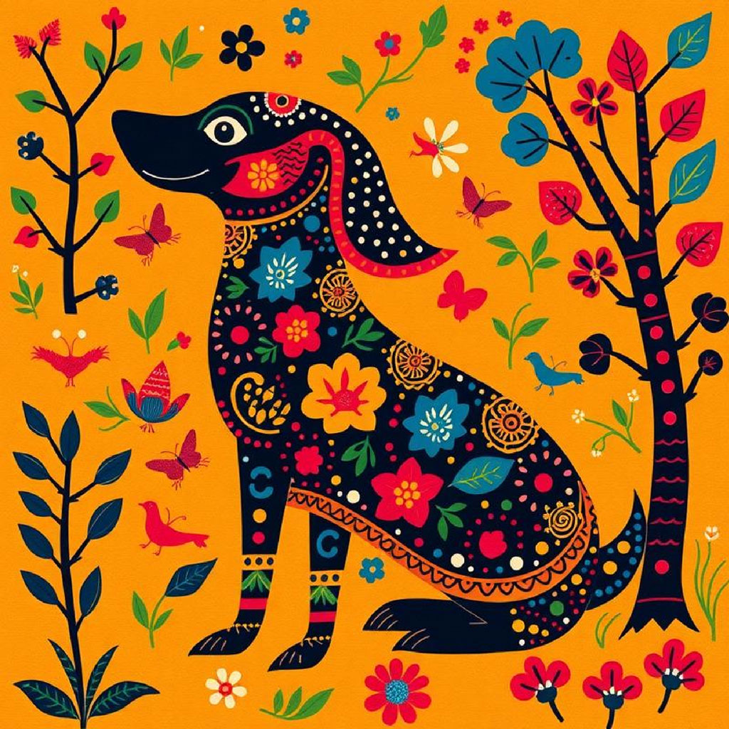 Colorful dog with floral patterns surrounded by flowers, trees, and birds.
