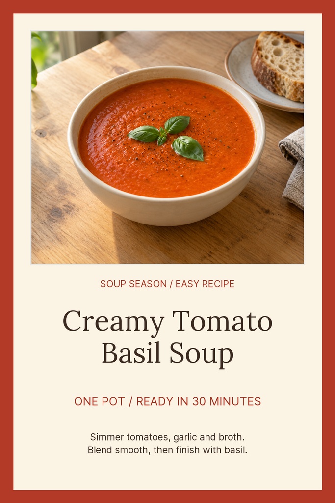 Pinterest-style recipe template featuring a bowl of creamy tomato soup with basil on a rustic table.