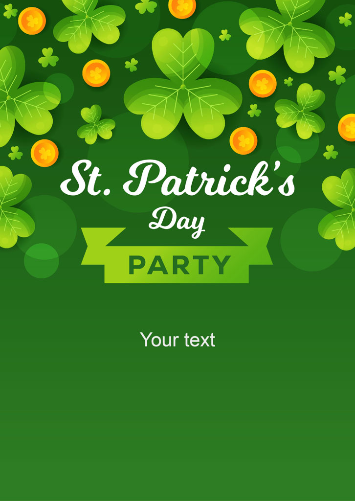 St. Patrick's Day party invitation with shamrocks and gold coins