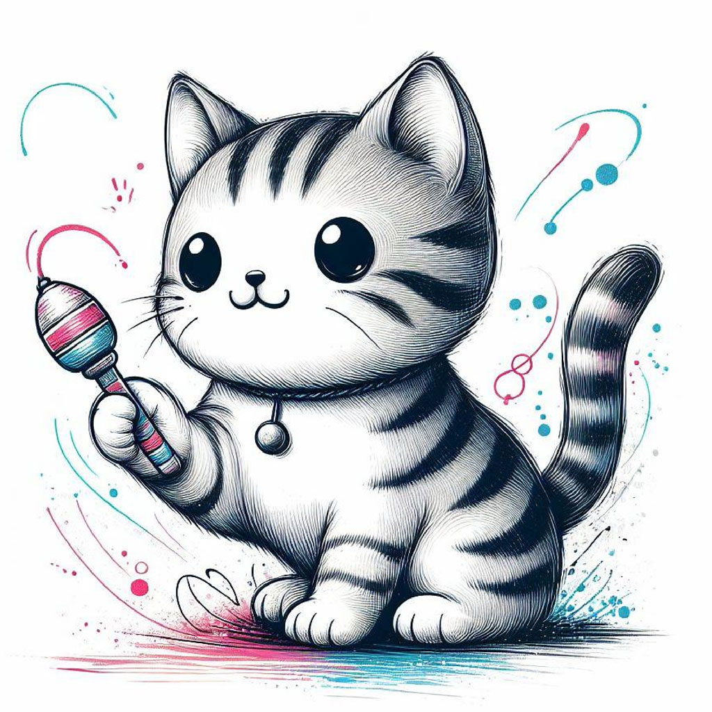 Cartoon orange cat with green eyes and pink ears sitting on a white background