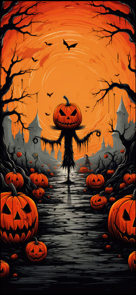 A dark Halloween scene with a giant pumpkin figure and numerous jack-o'-lanterns