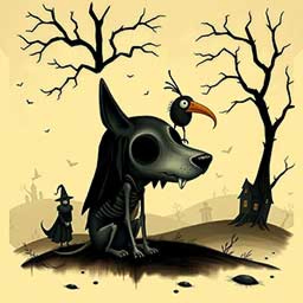 A spooky Halloween scene featuring a haunted house with glowing windows, a witch standing by a bare tree, bats flying overhead, and jack-o-l