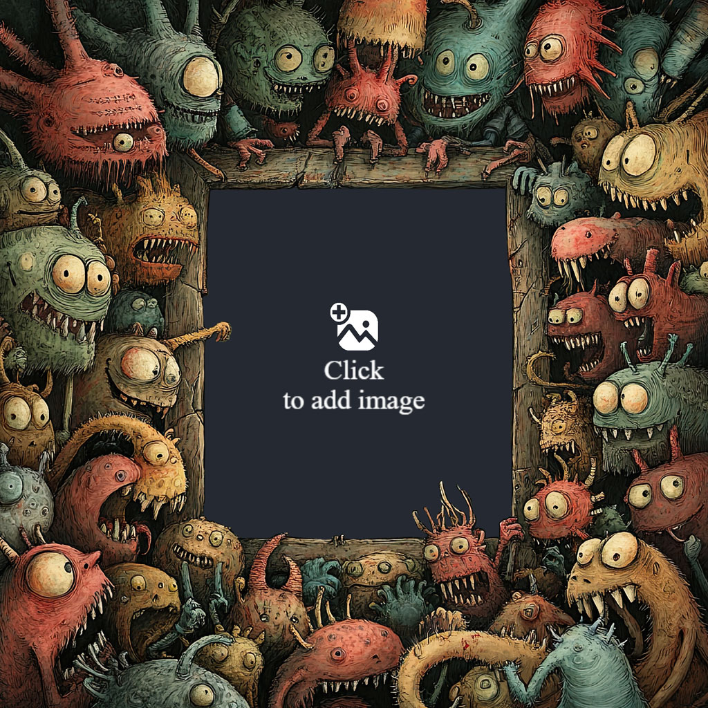 Colorful cartoon monsters surrounding a dark blue frame