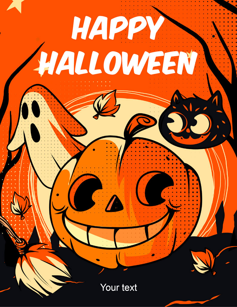 Halloween card with pumpkin, ghost, and cat illustration