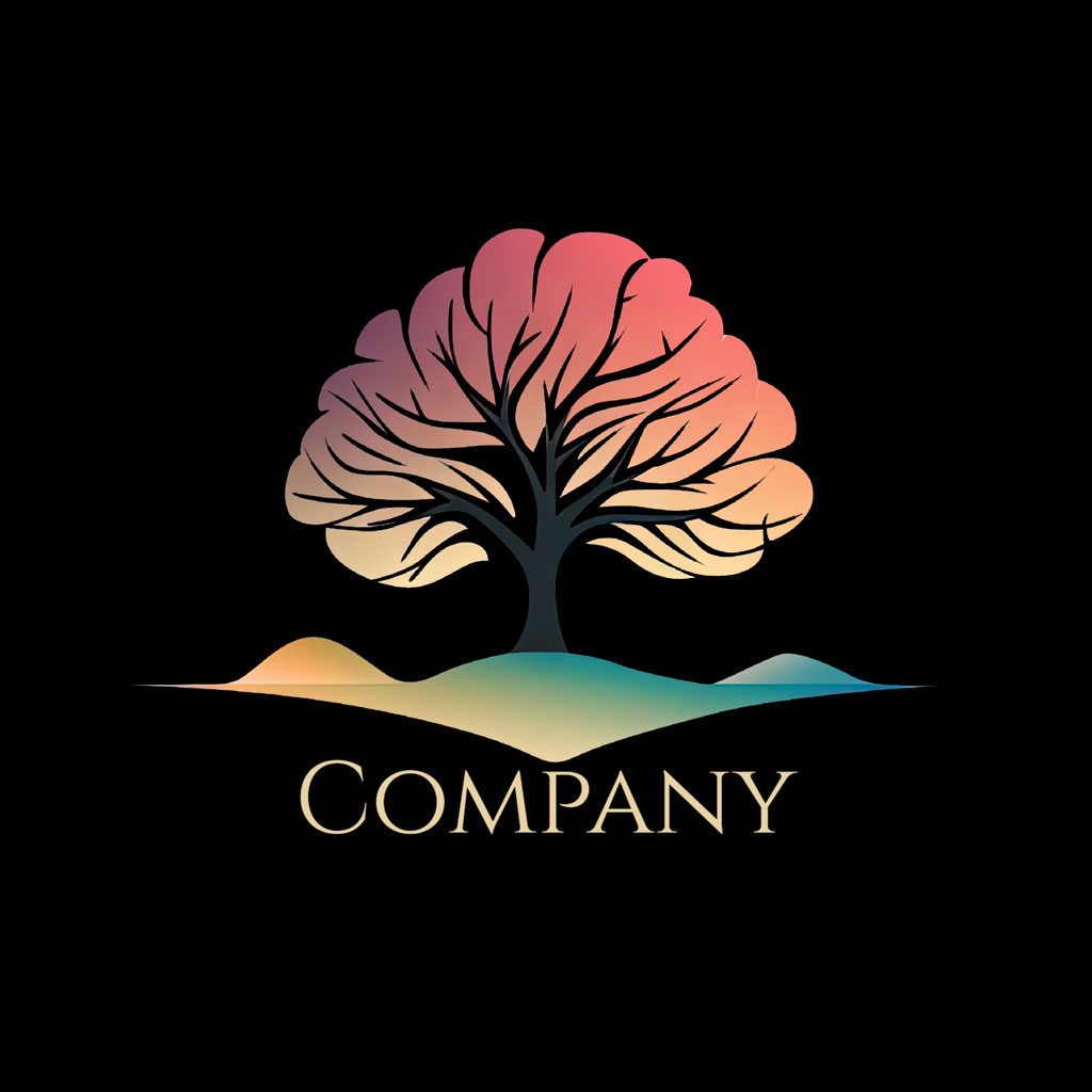 Stylized tree logo with gradient colors on a black background