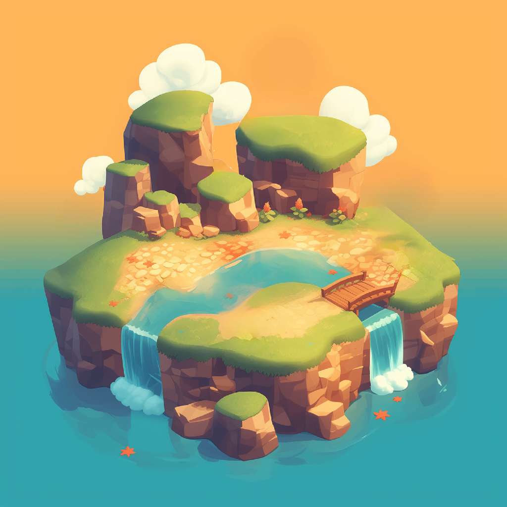 A cartoon island with greenery and waterfalls