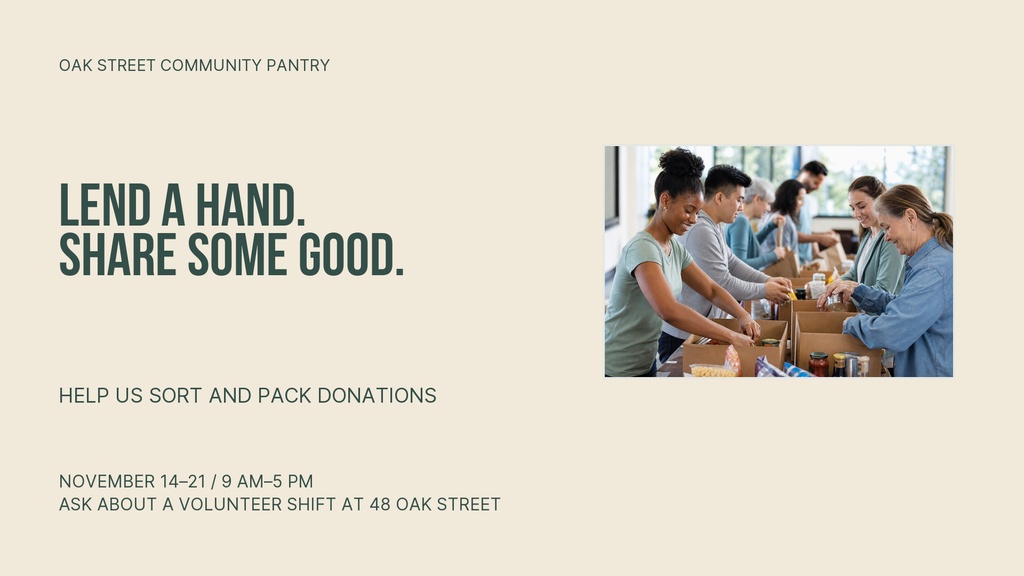 Landscape flyer with volunteers sorting donated food beside bold fundraising text.