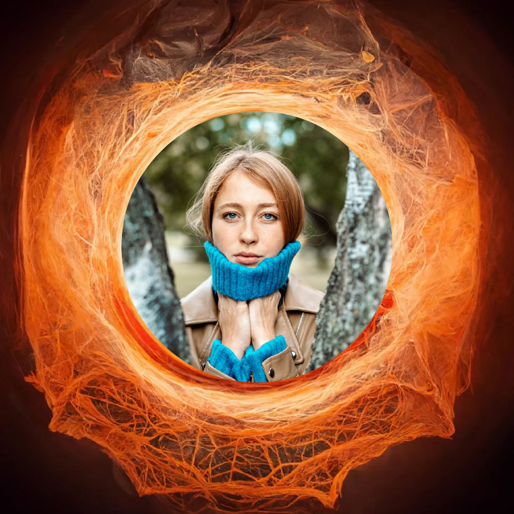Woman in blue winter accessories viewed through an orange circular frame