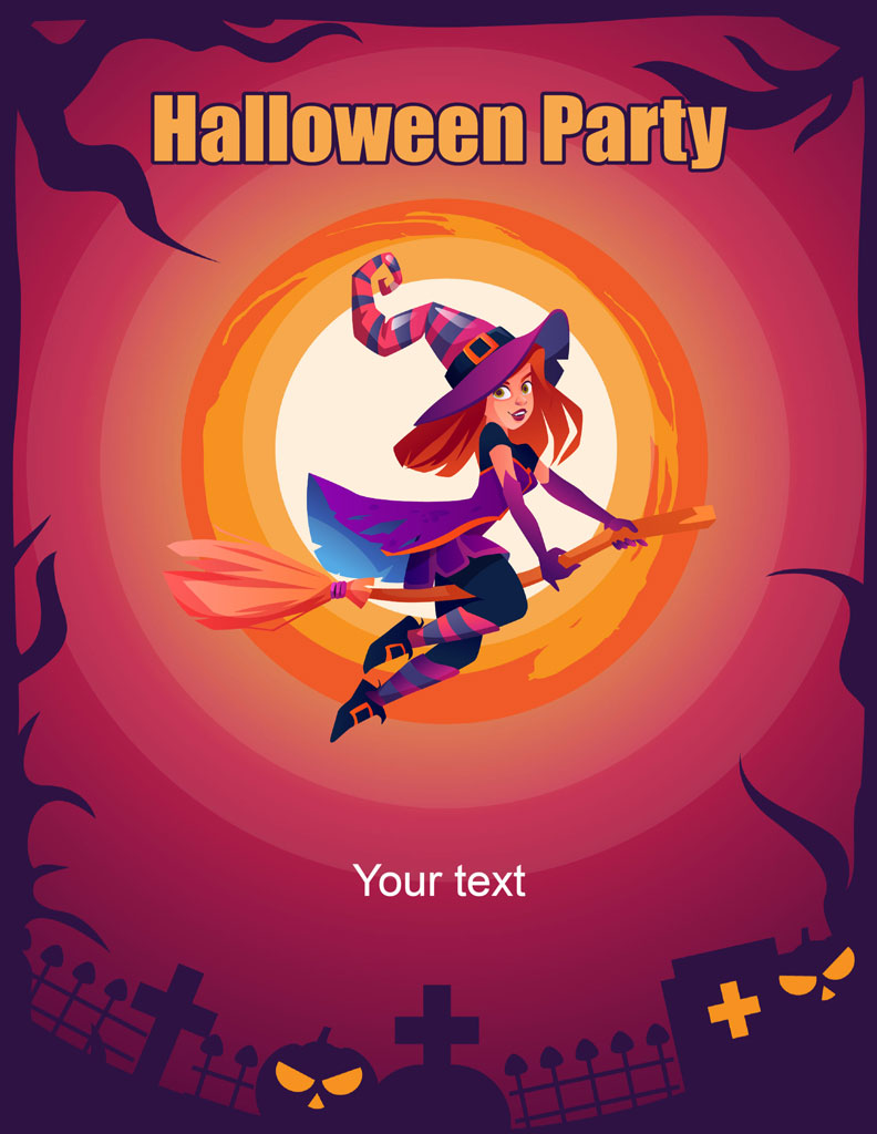 Cartoon witch flying on a broomstick in front of a full moon.