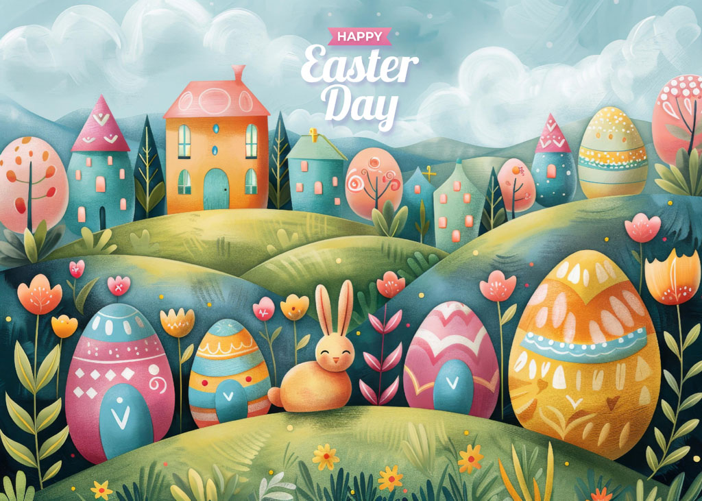 Colorful Easter eggs and bunny in a rolling green landscape with houses