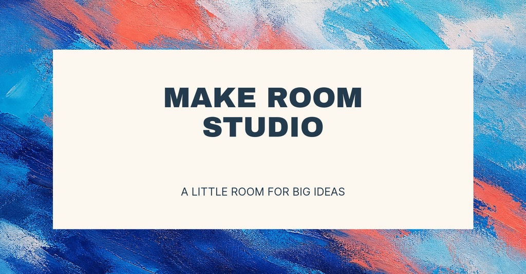 Landscape cover design with bold Make Room Studio text on a cream panel over a colorful painted background.