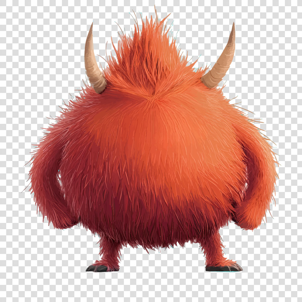 A cartoonish, orange-red monster with shaggy fur and two curved horns on its head.