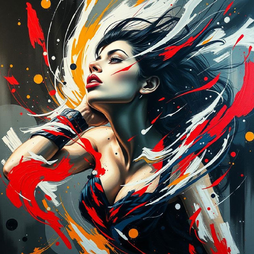 Woman in abstract digital art with red, white, and orange splashes
