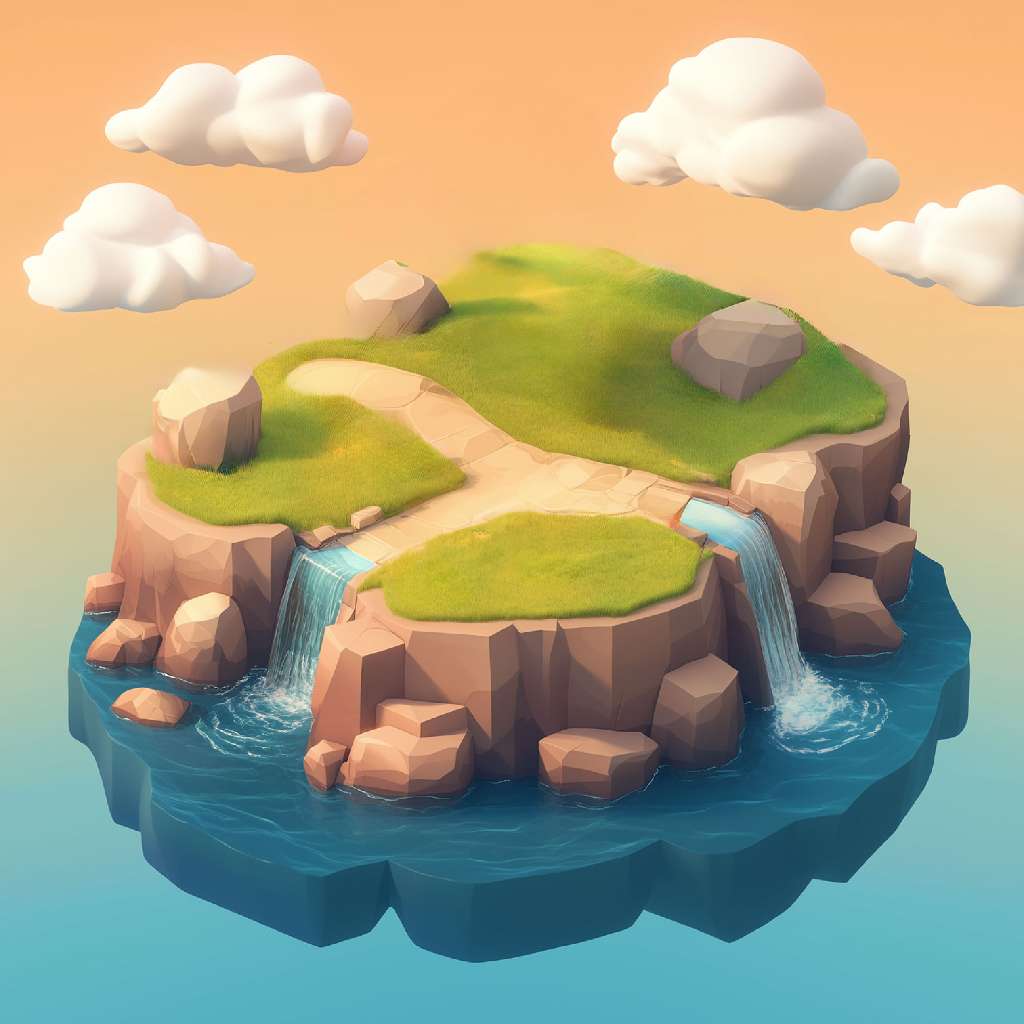 A 3D rendering of a small island with green grass, rocky cliffs, and two waterfalls flowing into the surrounding blue water
