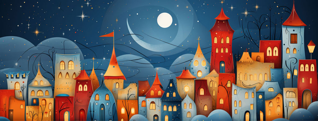 Illustration of a colorful village with varied architecture under a starry night sky