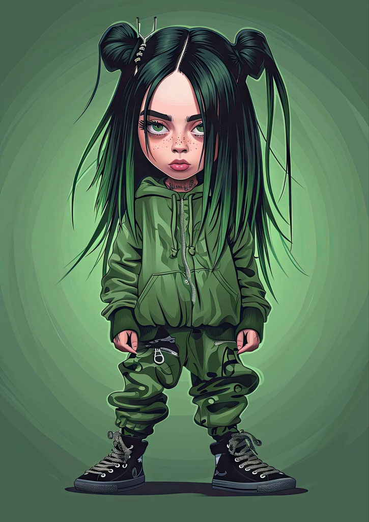 Anime girl with long black hair in twin buns, wearing a green tracksuit and black shoes, standing against a green background.