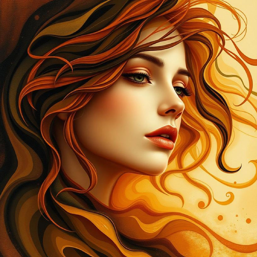 Digital artwork of a woman with flowing orange hair and green eyes.