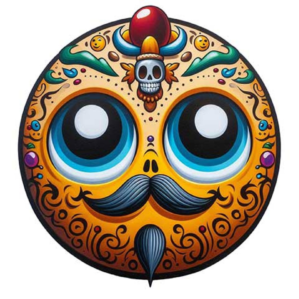 A stylized sugar skull with large blue eyes, a mustache, and decorative elements