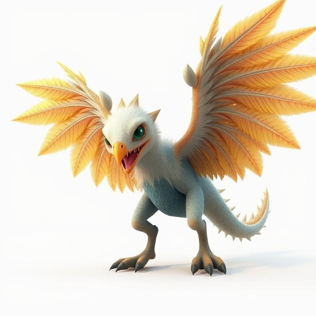 A 3D rendering of a mythical griffin-like creature with white and blue fur, orange and white feathers, and sharp claws.