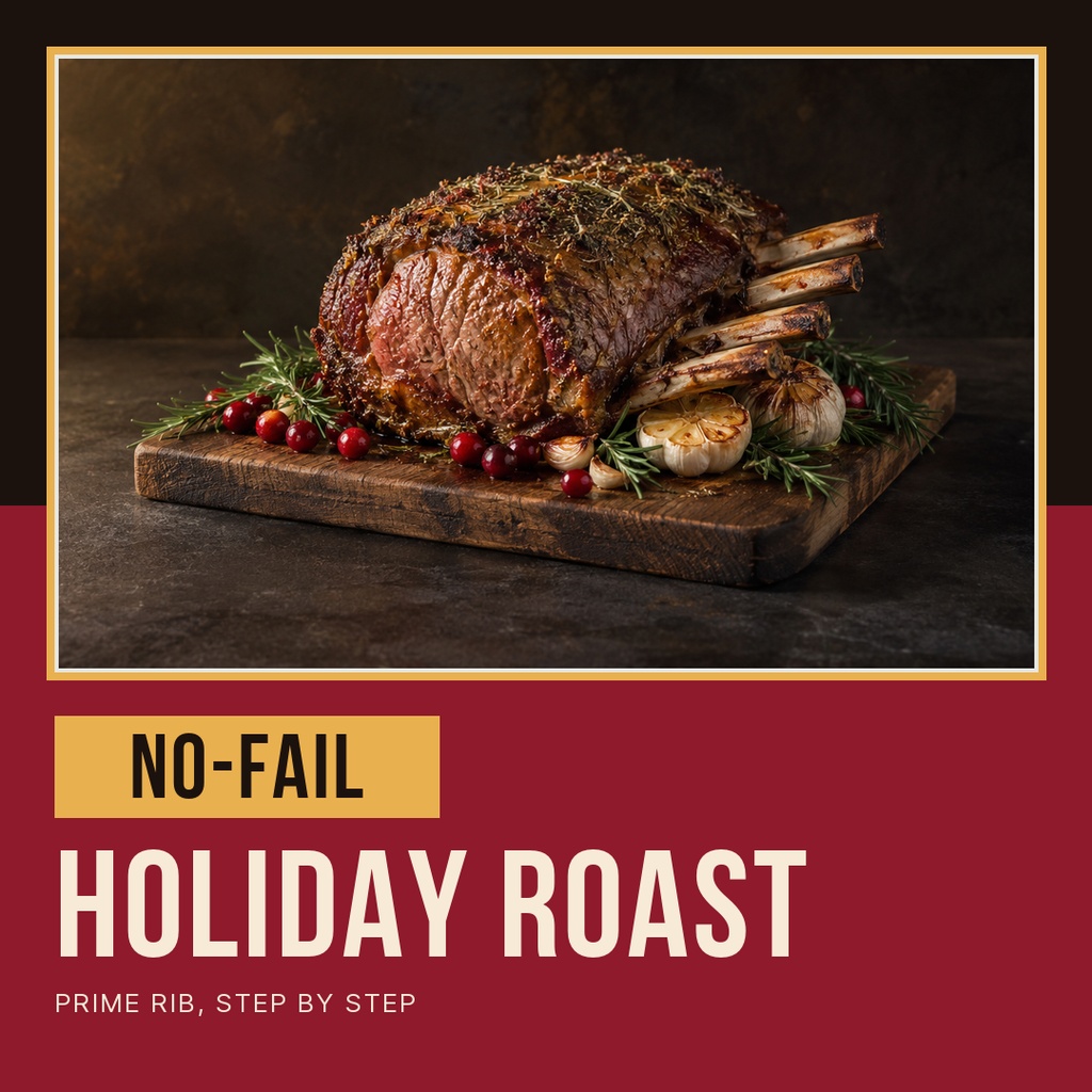 Square post showing a roasted prime rib on a cutting board with holiday text below.