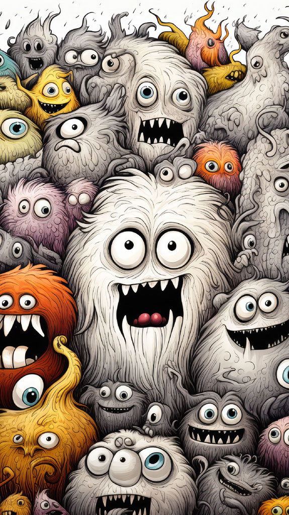 A colorful and detailed illustration of numerous cartoon monsters with different facial expressions.