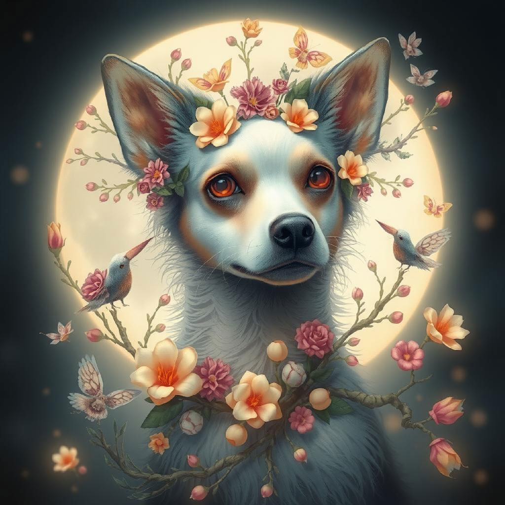 A digital artwork depicting a woman with flowers in her hair and a fox beside her, set against a full moon background.