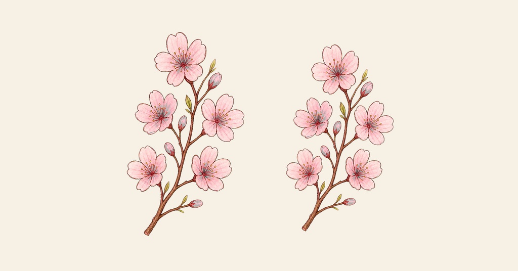 Two delicate pink blossom branches on a soft cream background.