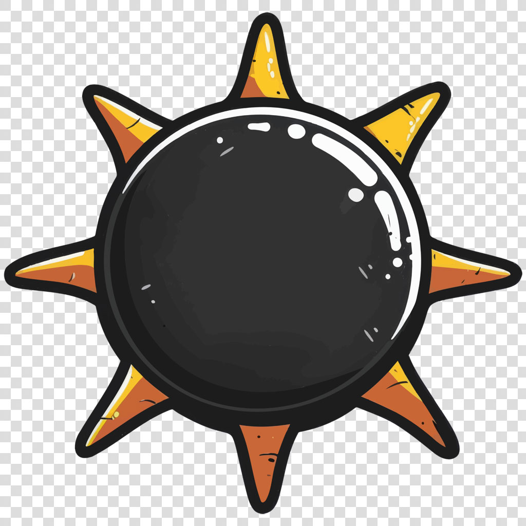 A cartoon sun with a black center and yellow-orange rays.
