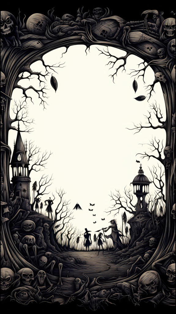 A black and white illustration of a spooky Halloween scene with witches and skulls.