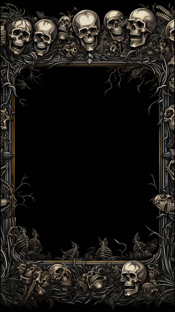 An ornate frame with skulls and bones on a black background