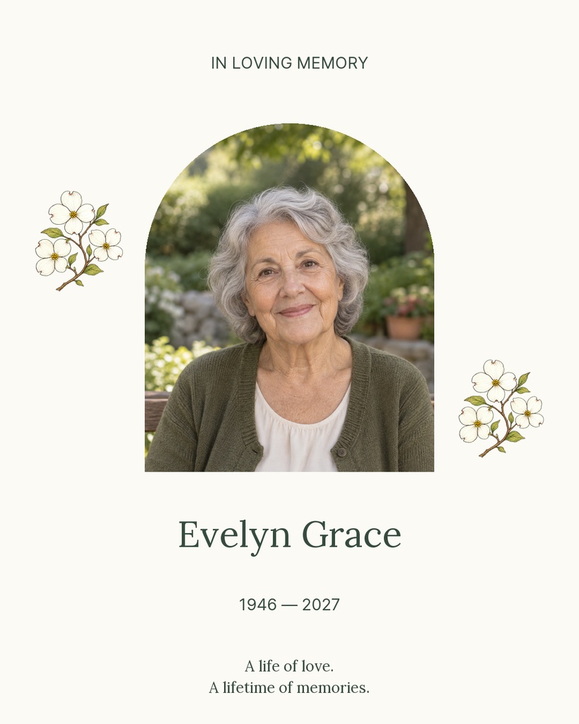 Memorial portrait post with an elderly woman, floral accents, and the text In Loving Memory.