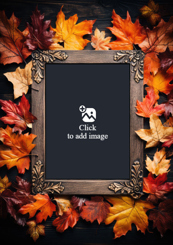 Ornate wooden picture frame with autumn leaves around it