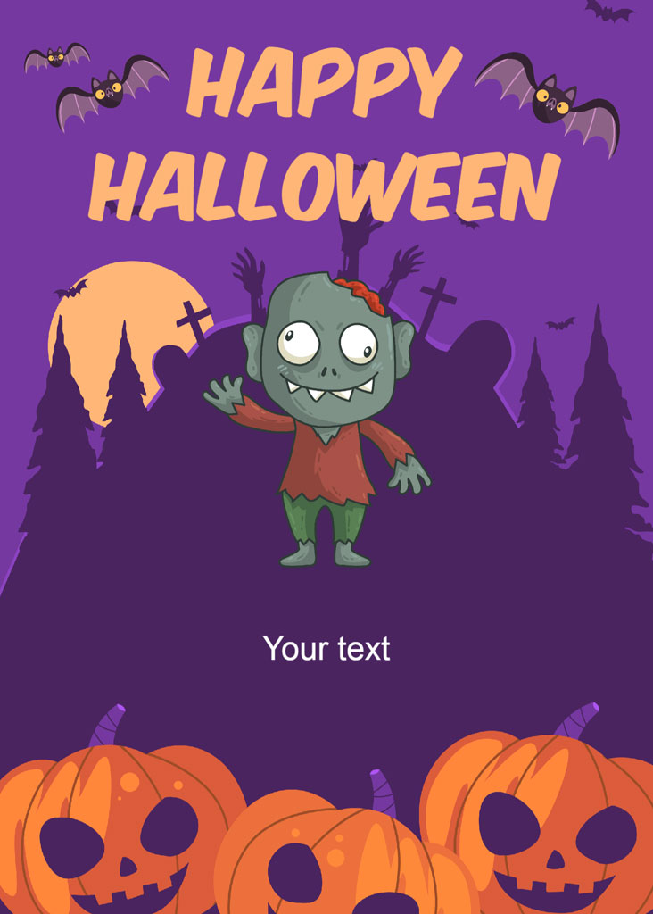 Halloween greeting card with cartoon zombie and pumpkins