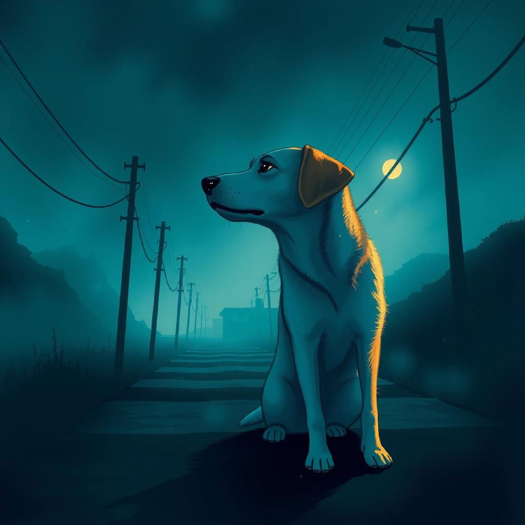 A dog sitting on a road at night with telephone poles and a dimly lit landscape