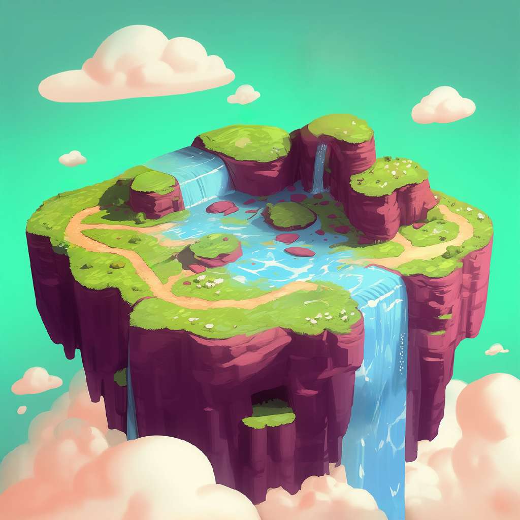 A stylized illustration of a floating island with a waterfall and greenery