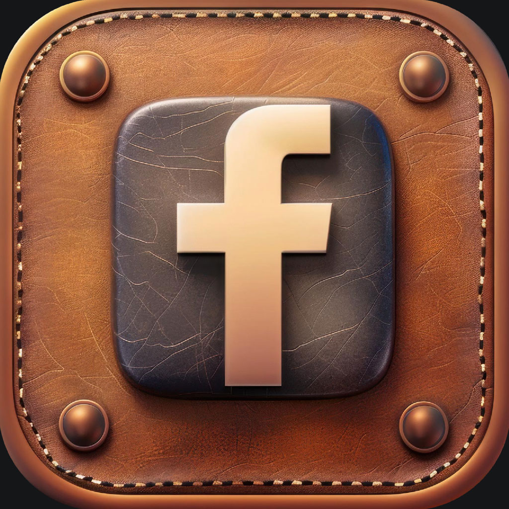 Facebook logo on a brown leather square with metal rivets at the corners.