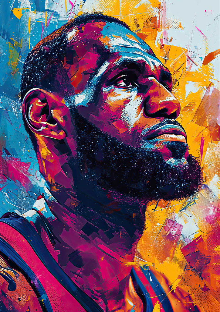 A digital painting of LeBron James with a mix of blue, red, and yellow colors